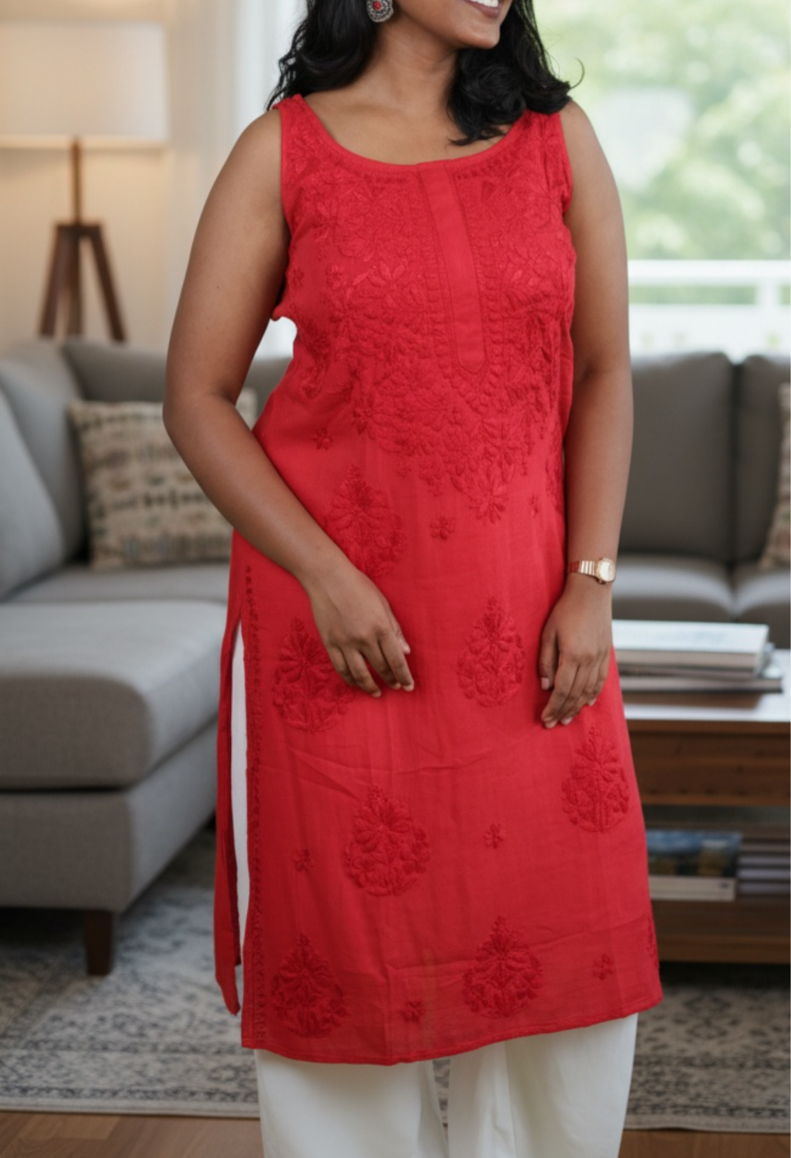 Linen Chikankari sleeveless Women's Long Kurta