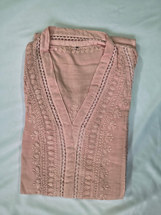 Linen Pastels Chikankari Laced Women's Long Kurta