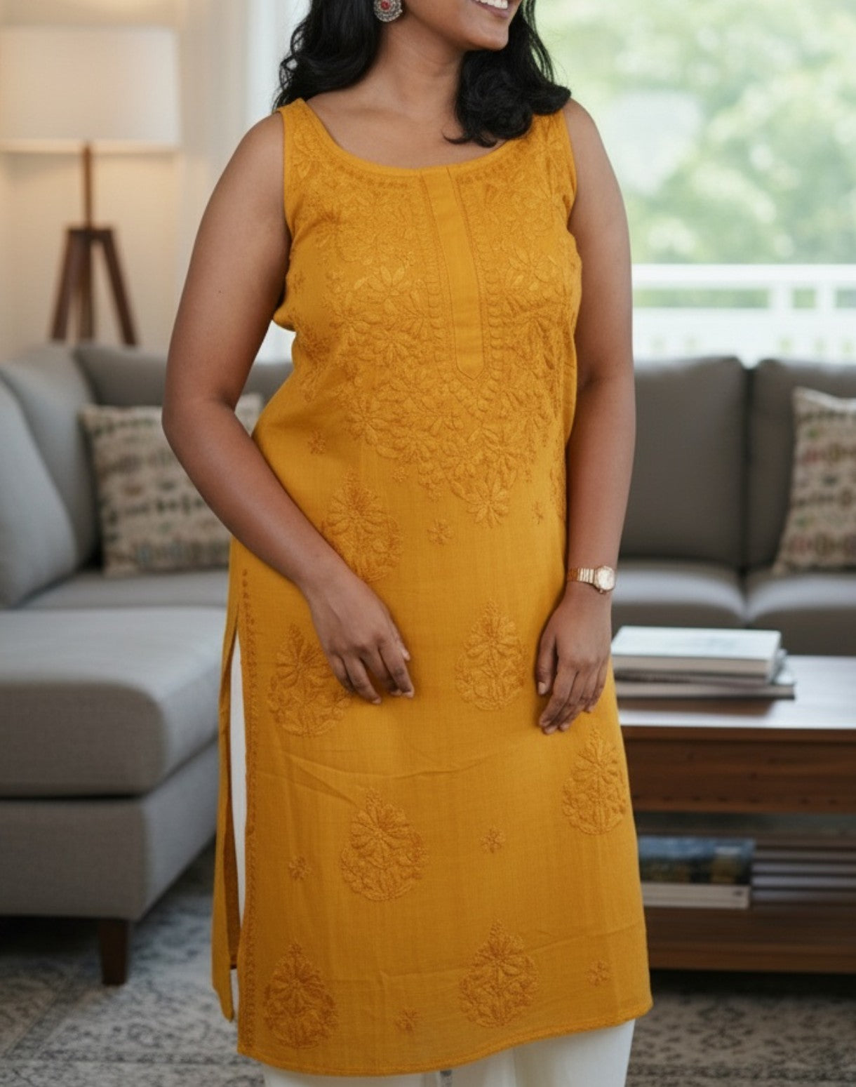 Linen Chikankari sleeveless Women's Long Kurta