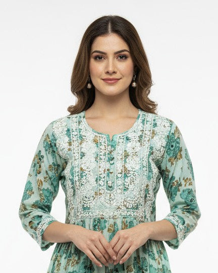 Mulmul Chikankari Printed Women's Long Kurta