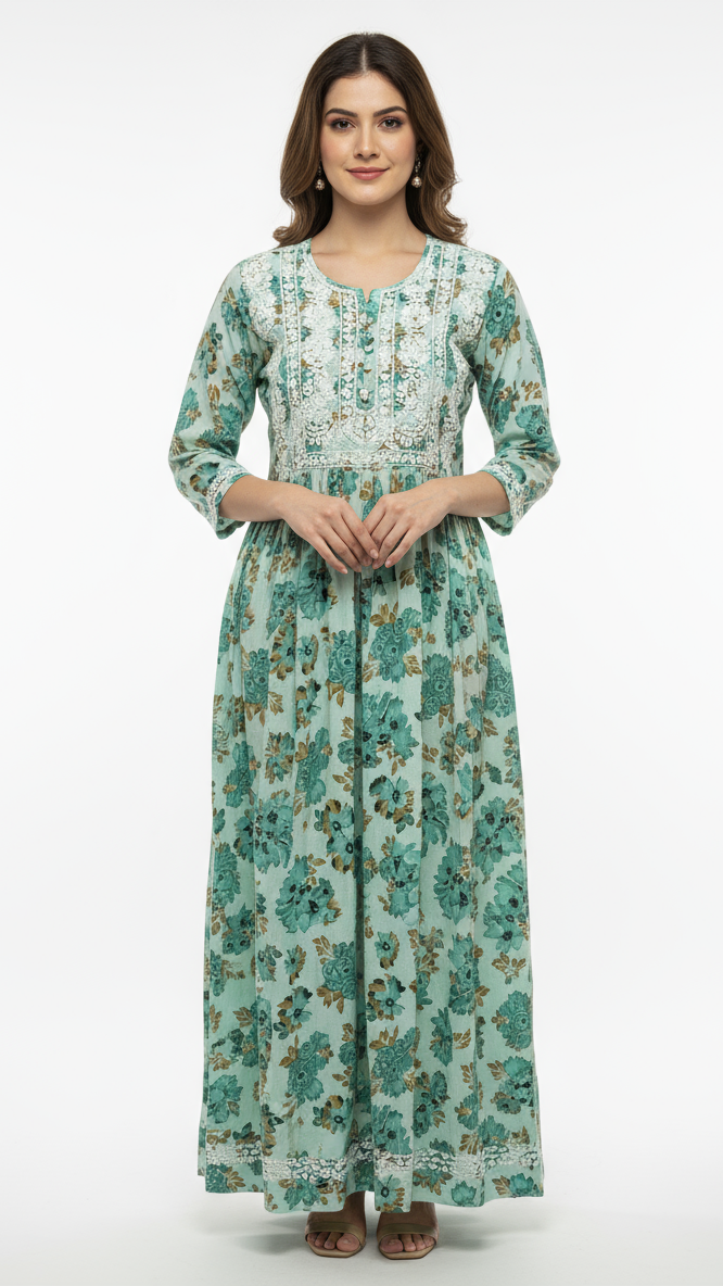Mulmul Chikankari Printed Women's Long Kurta