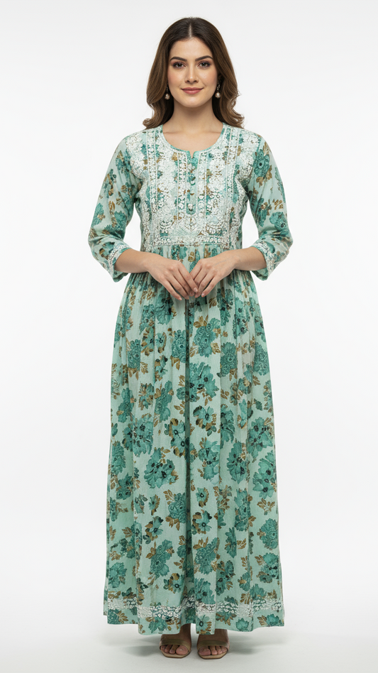 Mulmul Chikankari Printed Women's Long Kurta